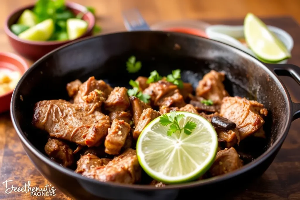 Authentic Mexican carnitas served in a taco with cilantro and lime.