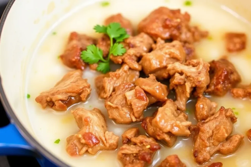 Pork carnitas simmering in milk for tender, juicy meat