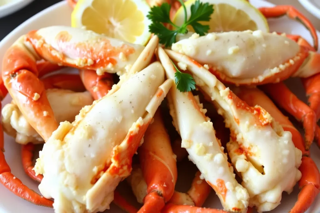 Snow crab legs served with melted butter and lemon wedges