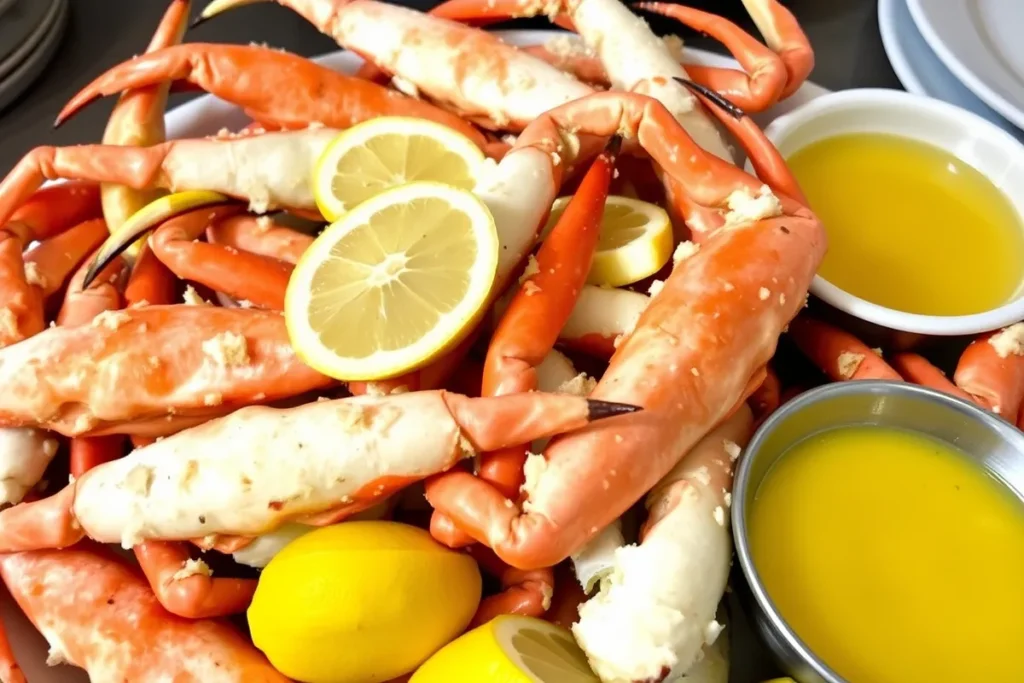 Snow crab legs served with melted butter and lemon wedges.