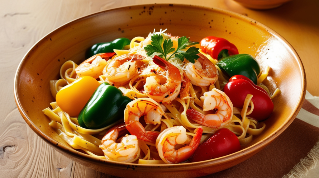 Delicious Cajun shrimp pasta served on a white plate with parsley garnish.