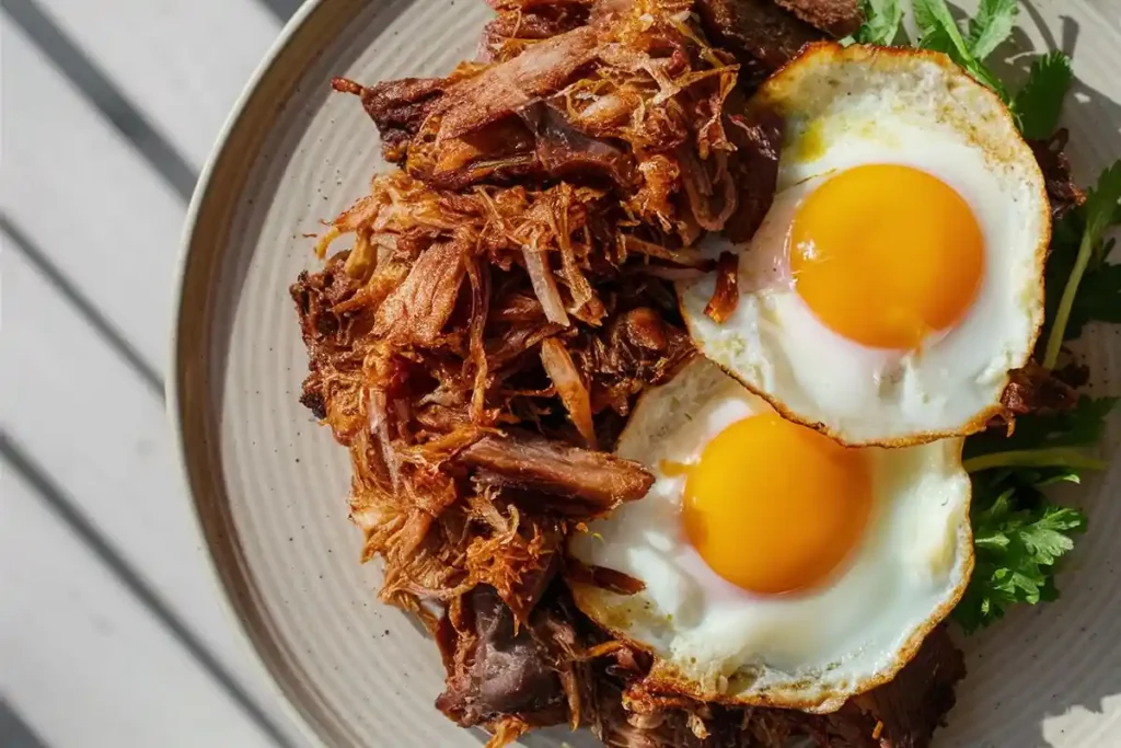 A plate of pulled pork and two fried eggs is shown.