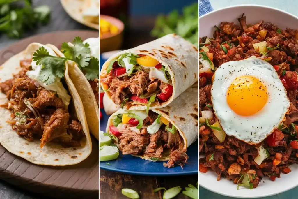 Three images depict pulled pork in various dishes, including tacos, burritos, and a hash topped with a fried egg.