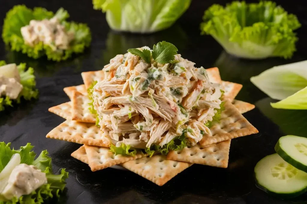 Serving of a creamy chicken salad with crackers.