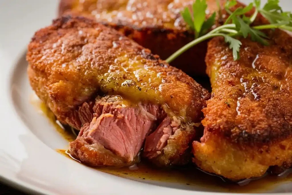 Breaded, fried cutlets of meat are plated and drizzled with sauce.