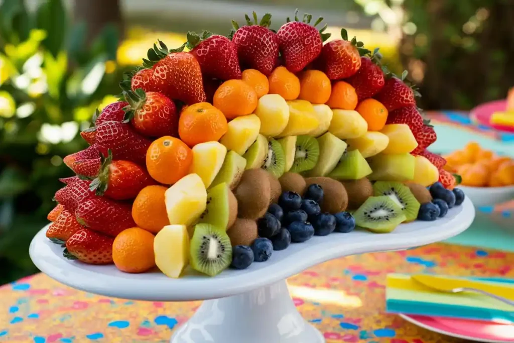 A fruit platter is arranged in the shape of a rainbow using strawberries, mandarin oranges, pineapple chunks, kiwi slices, and blueberries.