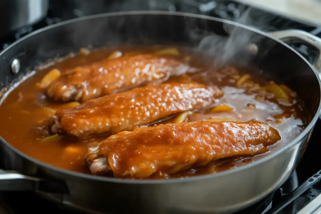 Smothered turkey wings cooking in a pot.