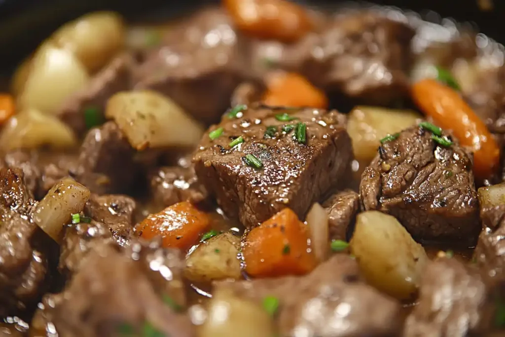 Slow cooker cube steak with carrots and potatoes in a slow cooker.