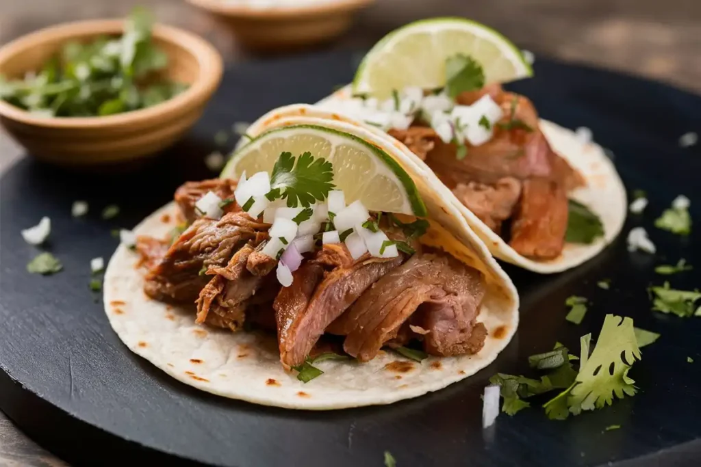 Two tacos topped with shredded pork, onions, cilantro, and lime wedges sit on a dark plate.