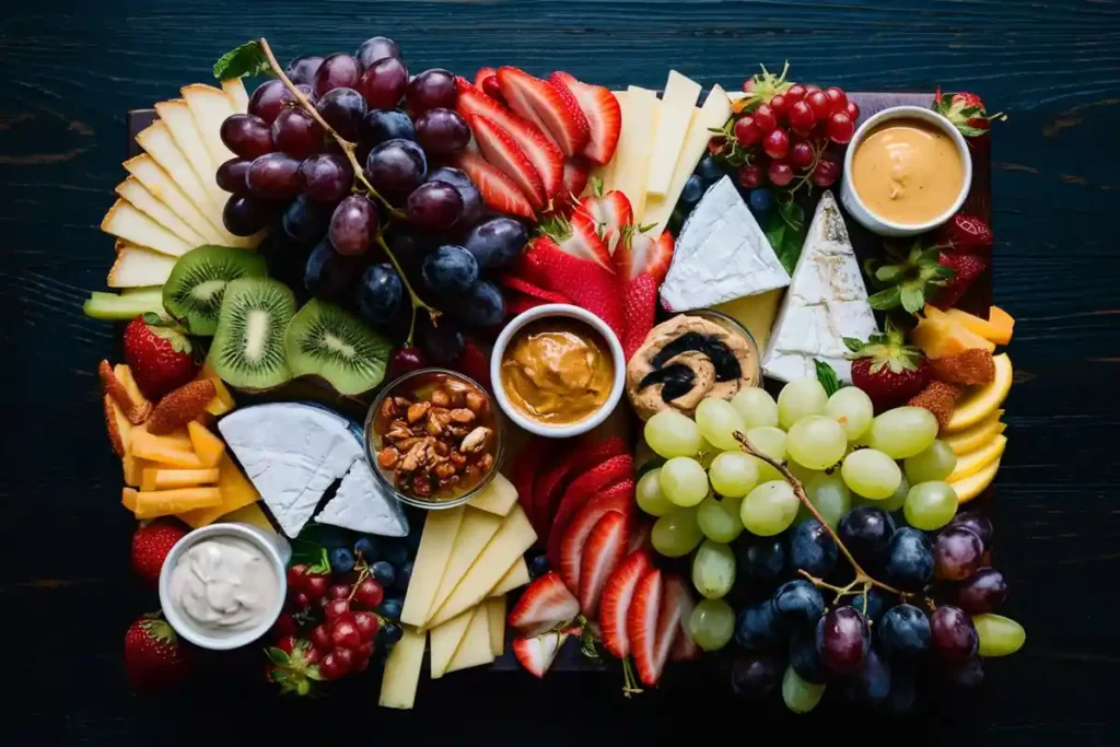 A wooden platter is laden with an assortment of fruits, cheeses, and dips.