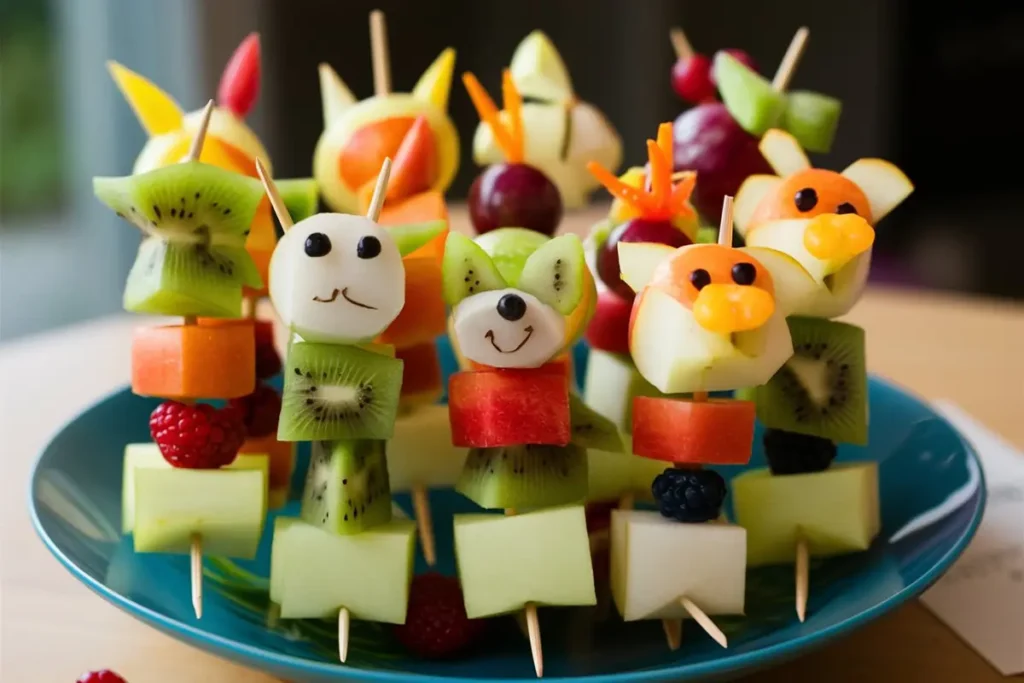 A plate of colorful fruit skewers shaped like animal faces.