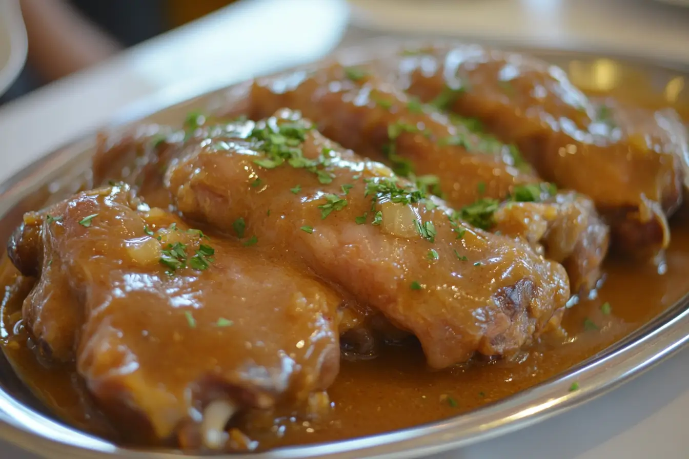 Smothered turkey wings with gravy served on a platter.