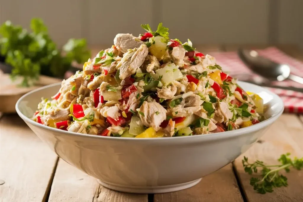 Bowl of a homemade chicken salad with fresh herbs.