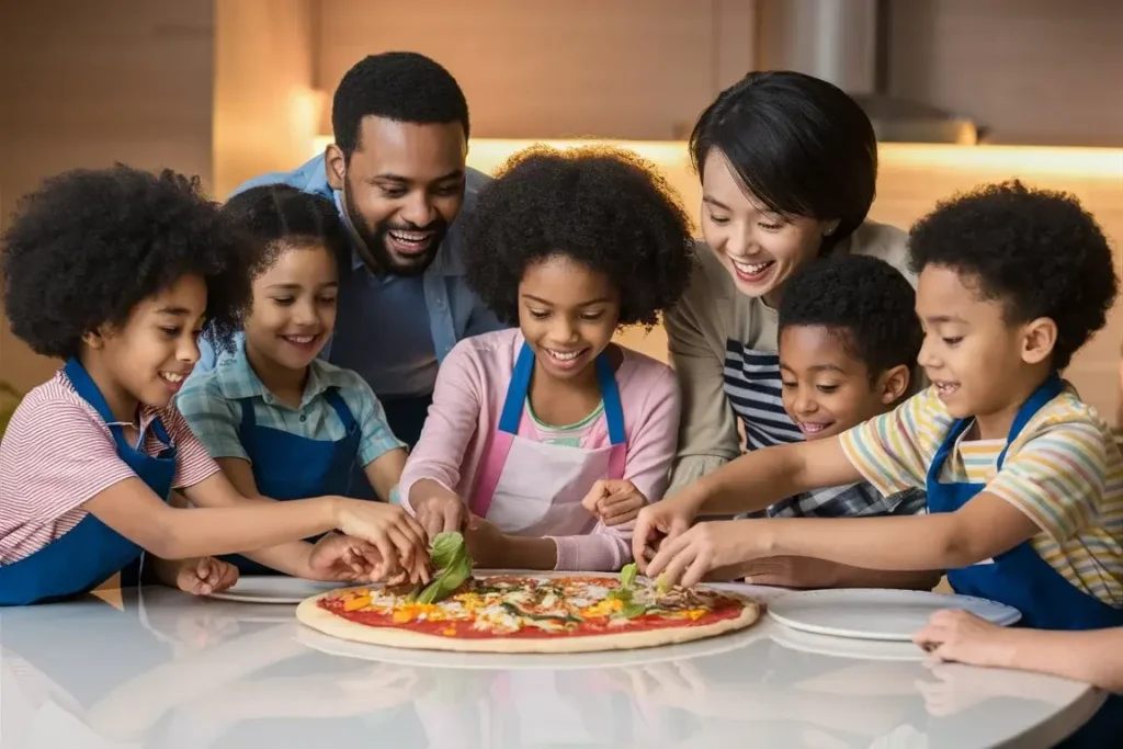 Family making pizza together.