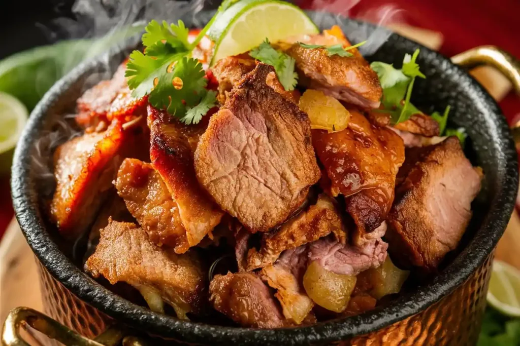 A copper pot filled with carnitas, garnished with cilantro and lime wedges.