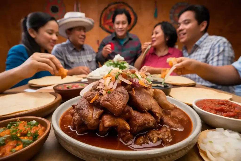 A group of people enjoy a meal of stewed meat, tortillas, and various side dishes.