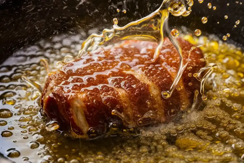 A piece of meat sizzles as it fries in hot oil.