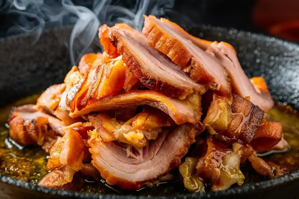 Sliced roasted pork sits in a black pan, with steam rising above it.