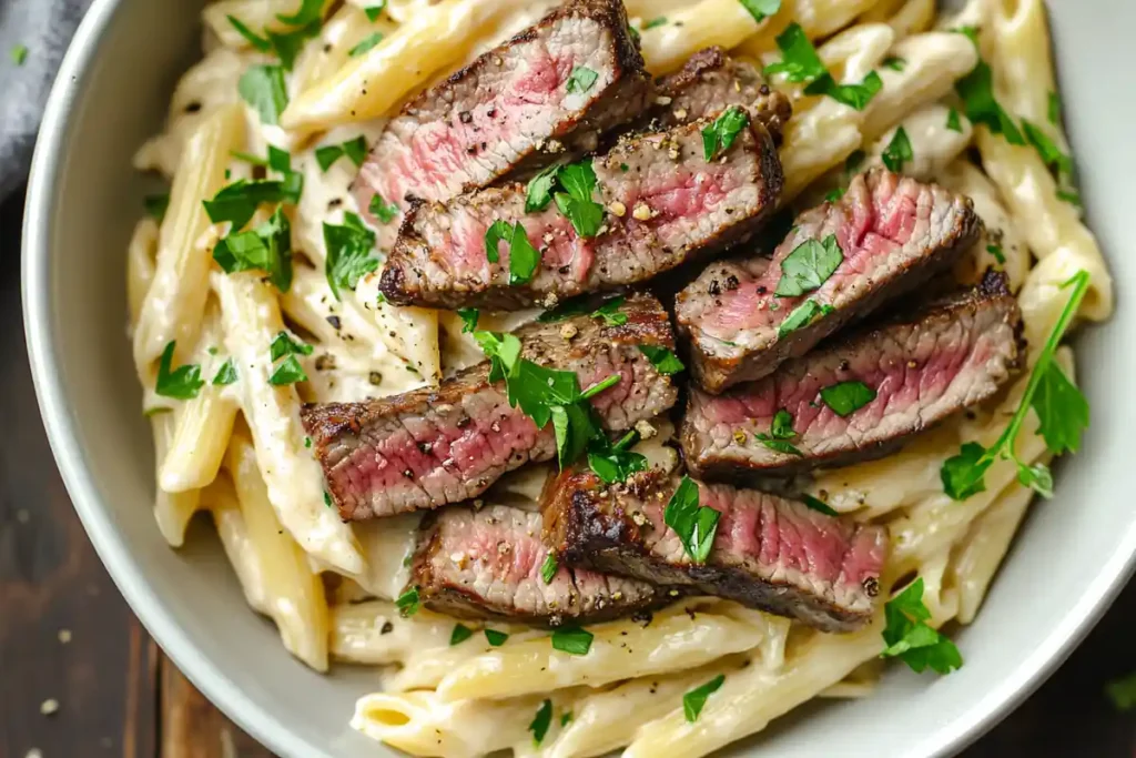 Delicious steak pasta dish with creamy sauce and herbs.