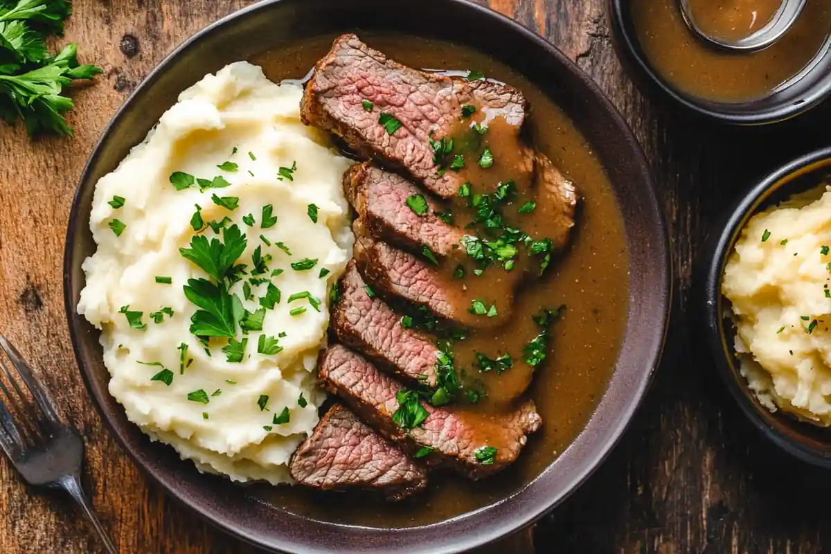 Slow cooker cube steak with gravy and mashed potatoes.