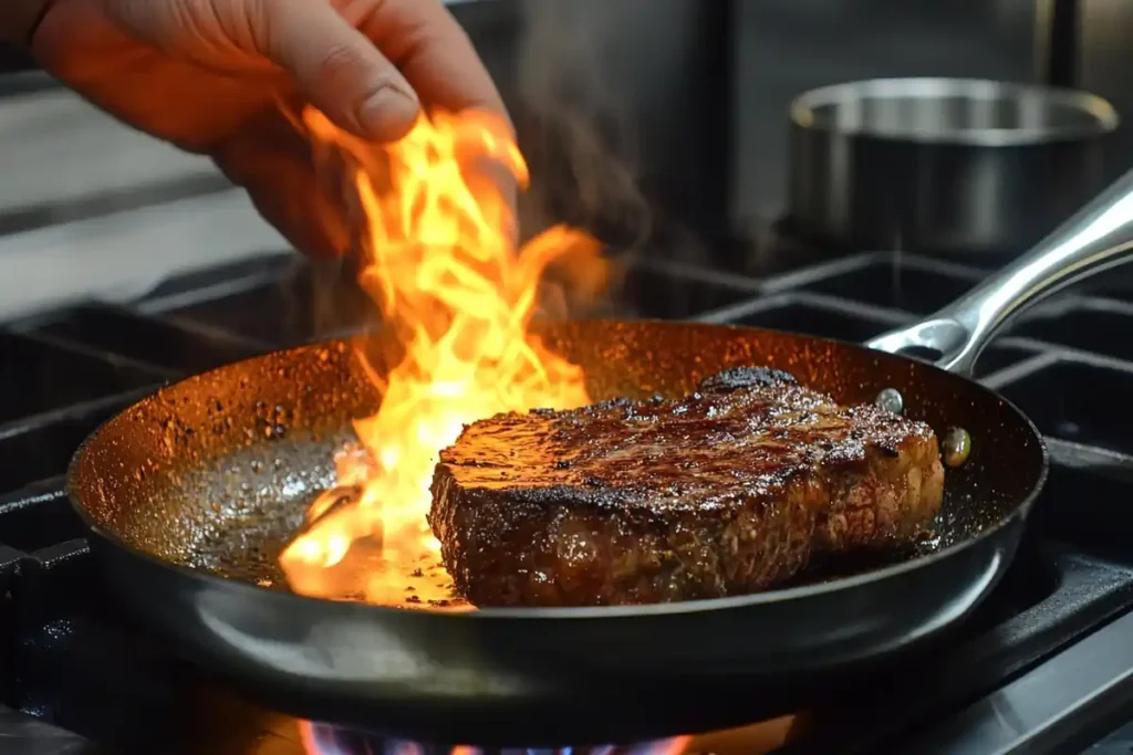 Searing steak for a perfect steak pasta recipe.