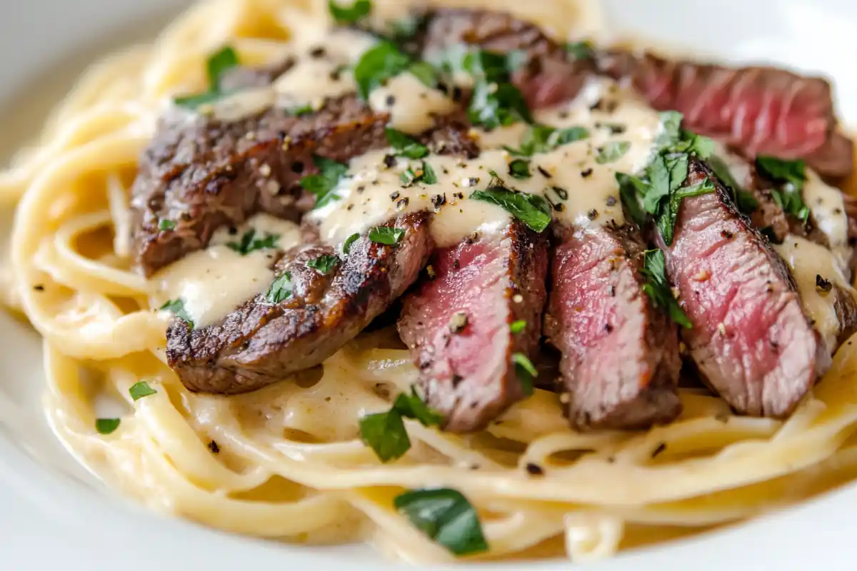 Serving steak pasta with creamy sauce in a bowl.