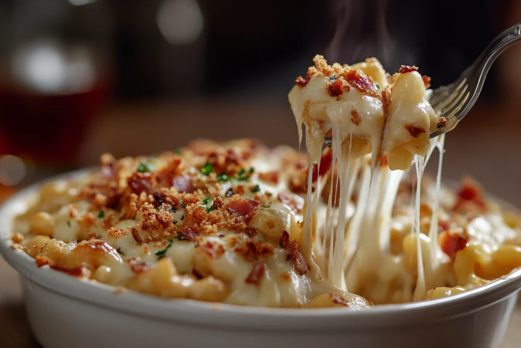 Serving of smoked mac and cheese with fork and stringy cheese.