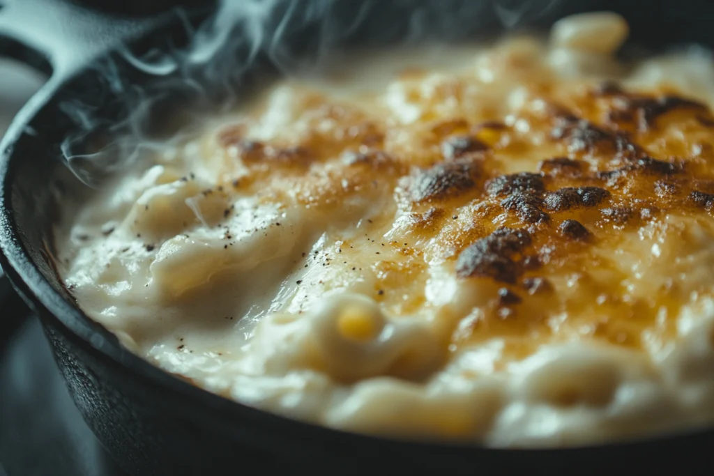 Overhead view of creamy smoked mac and cheese in a skillet.