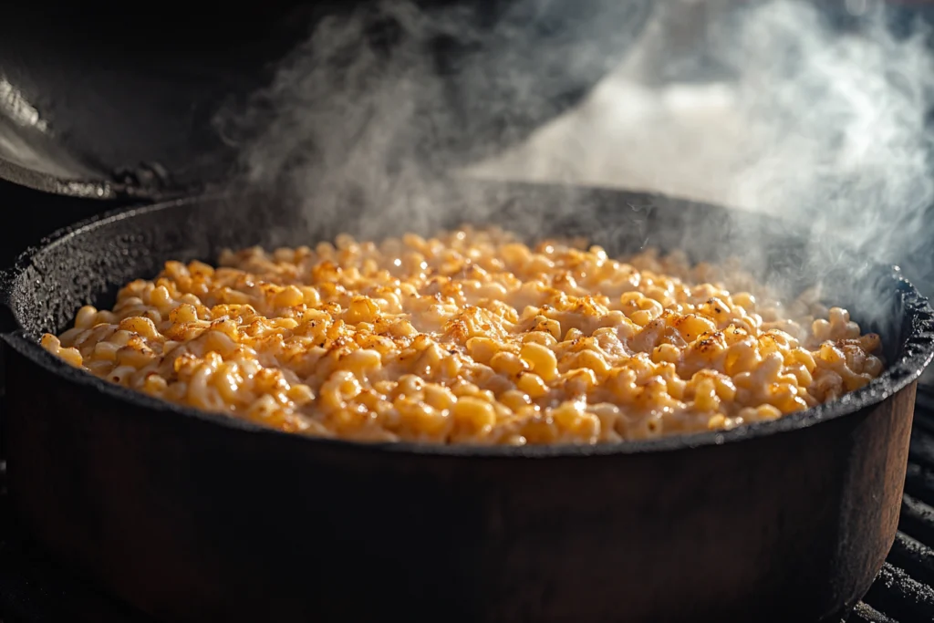 Smoked mac and cheese inside a smoker on a grill.