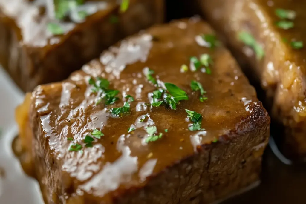  Close up of a succulent and tender slow cooker cube steak.