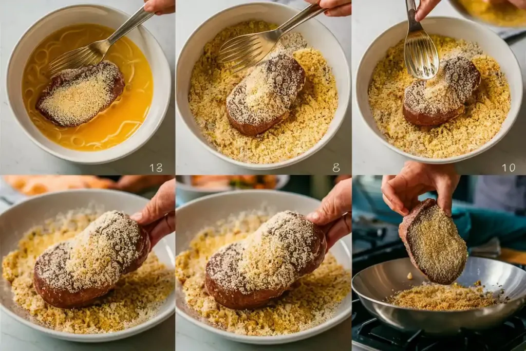 A collage shows the steps of breading a steak, starting with dipping it in egg and then coating it in breadcrumbs.