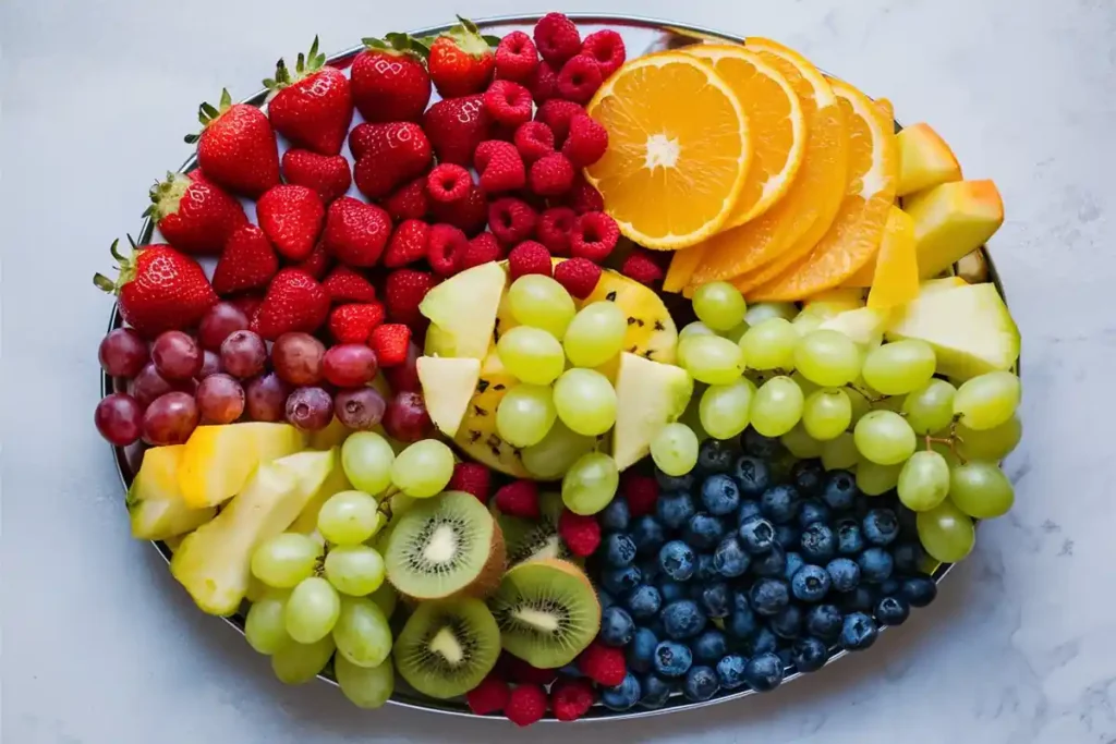 A platter of colorful, fresh fruit including strawberries, raspberries, orange slices, grapes, melon, kiwi, and blueberries.