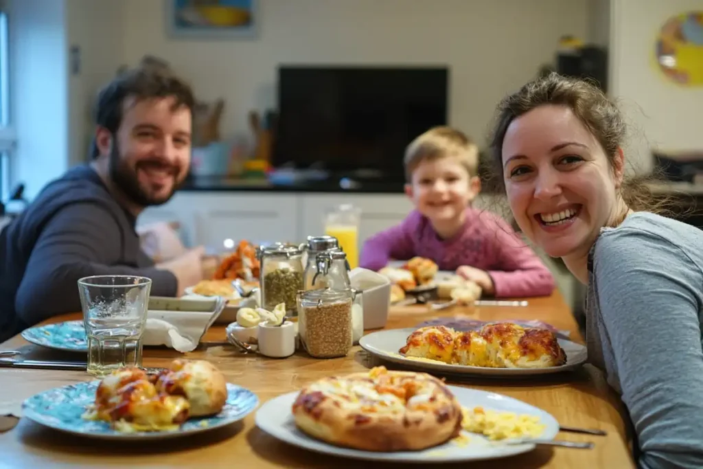 Family enjoying breakfast pizza rolls.