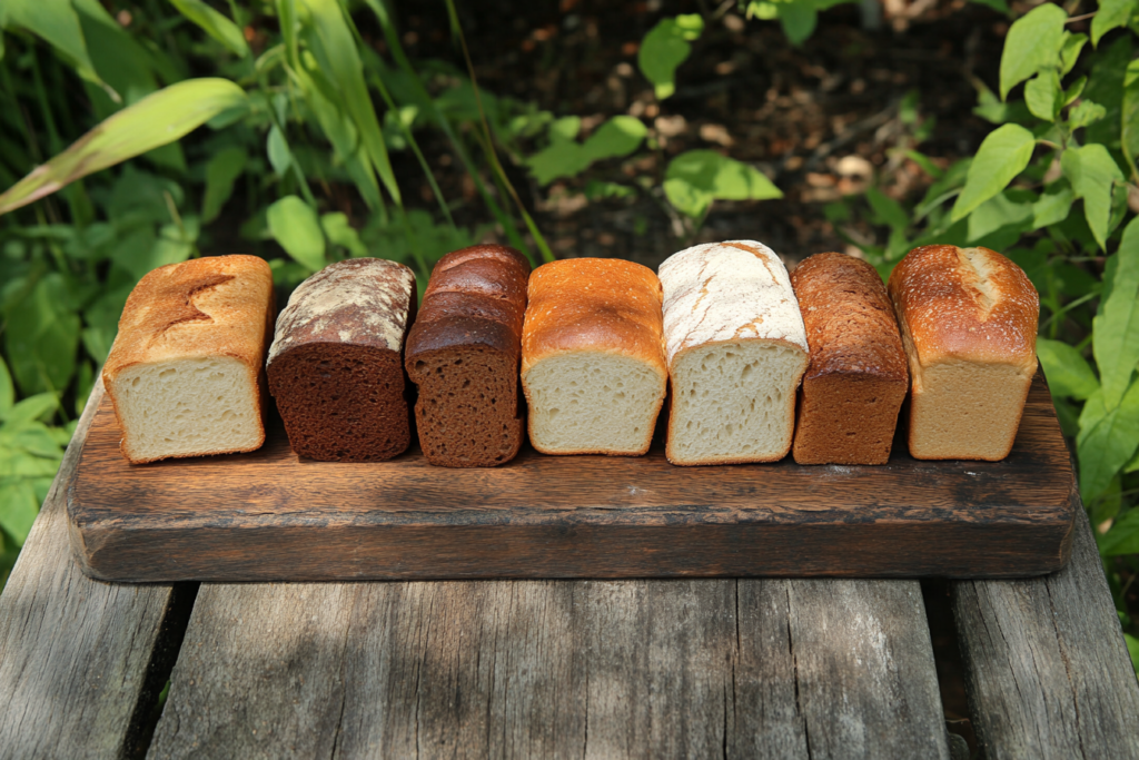 An assortment of freshly baked regular bread loaves, including sourdough, whole wheat, rye, and white bread, displayed on a wooden surface.