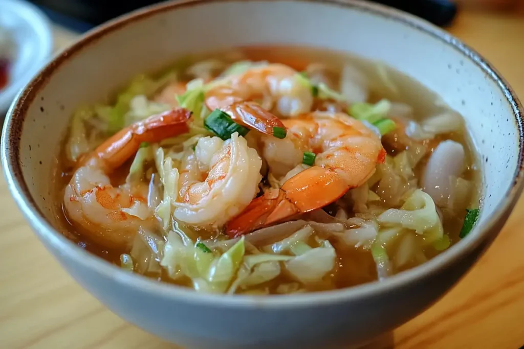 Bowl of homemade dish featuring shrimp and cabbage.