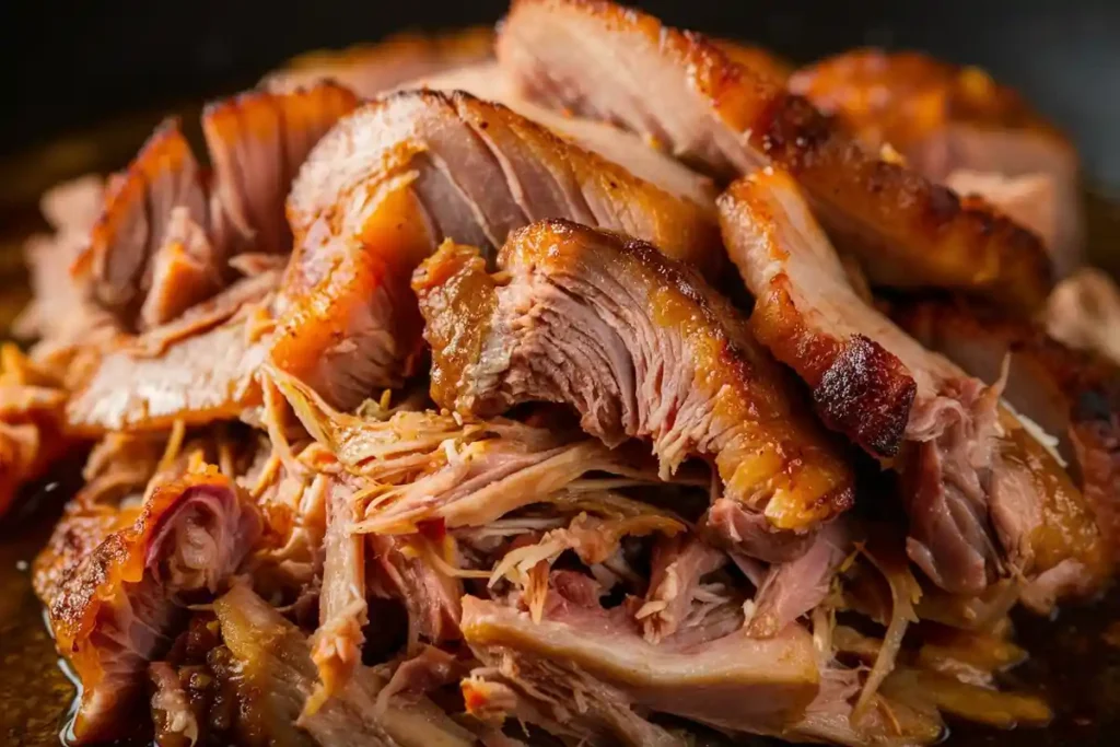 Close-up of pulled pork with crispy edges.