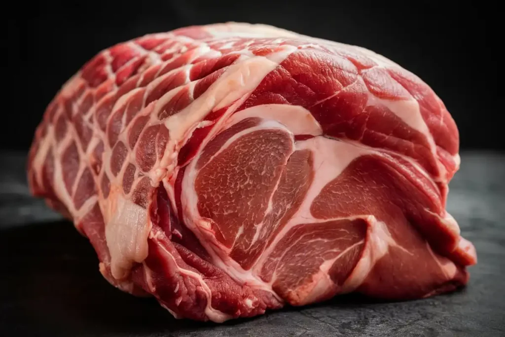 A large cut of raw pork rests on a dark surface.