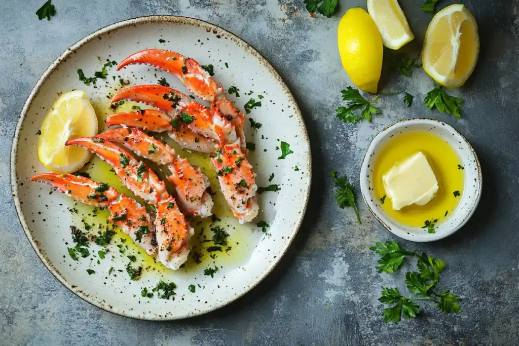 Cooked snow crab claws with butter and lemon