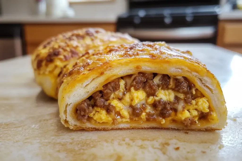 Breakfast pizza roll cut in half, showing filling.