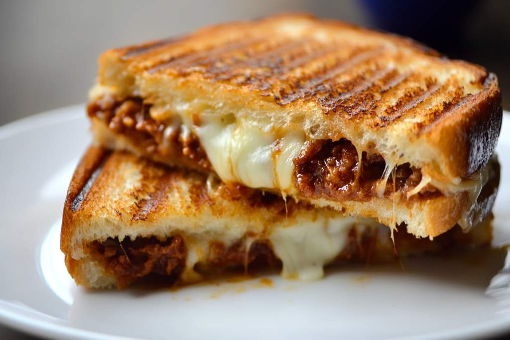 A close-up, detailed image of a freshly grilled panini with visible grill marks, melted cheese, and layered fillings, showcasing the toasted bread.