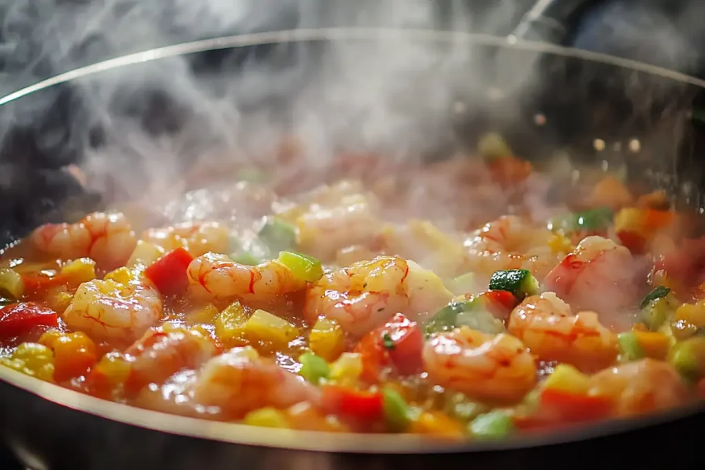 Close-up of the dish being cooked in a pan.