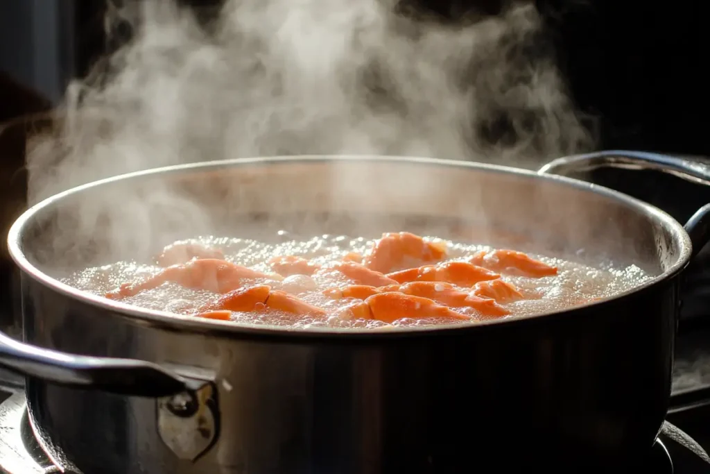 Boiling snow crab legs in a pot.