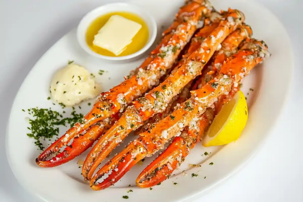 Cooked snow crab legs with melted butter, a seafood delicacy