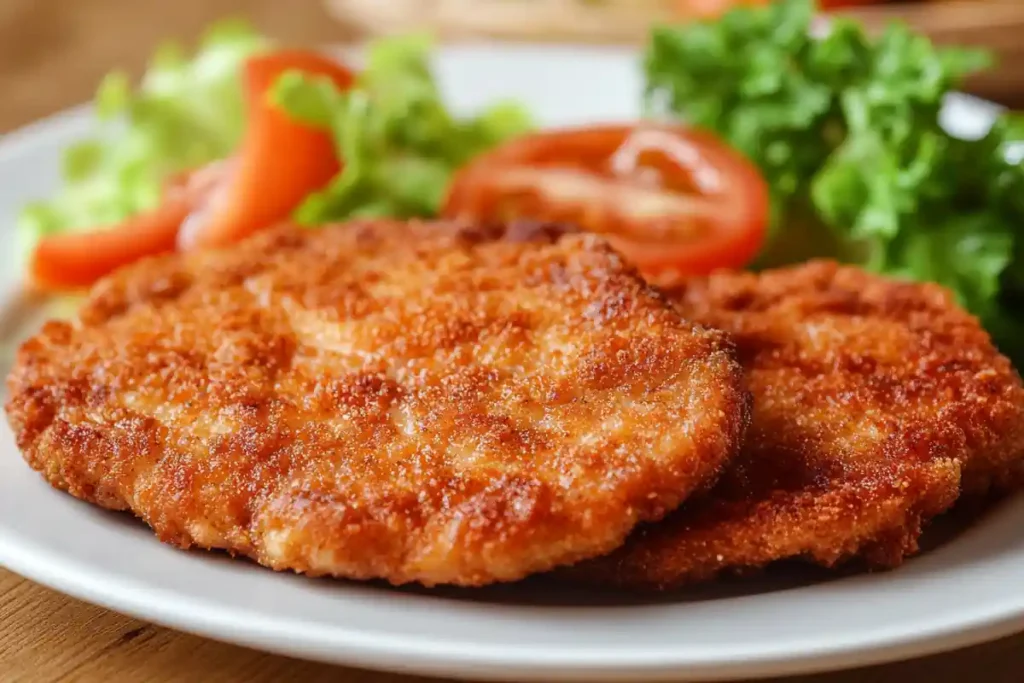 Close-up of a fried what cut of steak is milanesa showing its crispy texture.