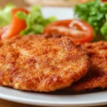 Close-up of a fried what cut of steak is milanesa showing its crispy texture.