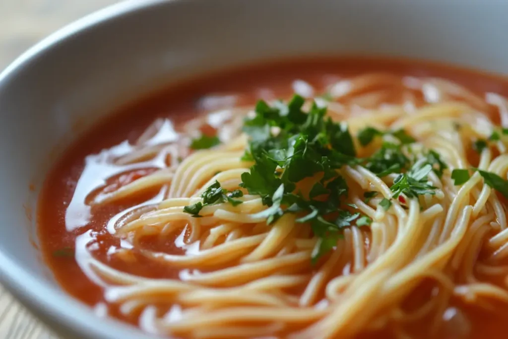 Crockpot spaghetti with rich sauce and garnishes