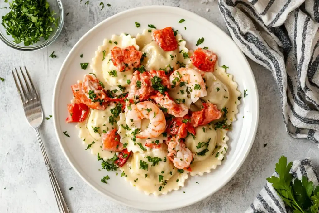 Top-down view of lobster ravioli on white plate