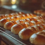 Freshly baked sourdough hot dog buns cooling on a rack