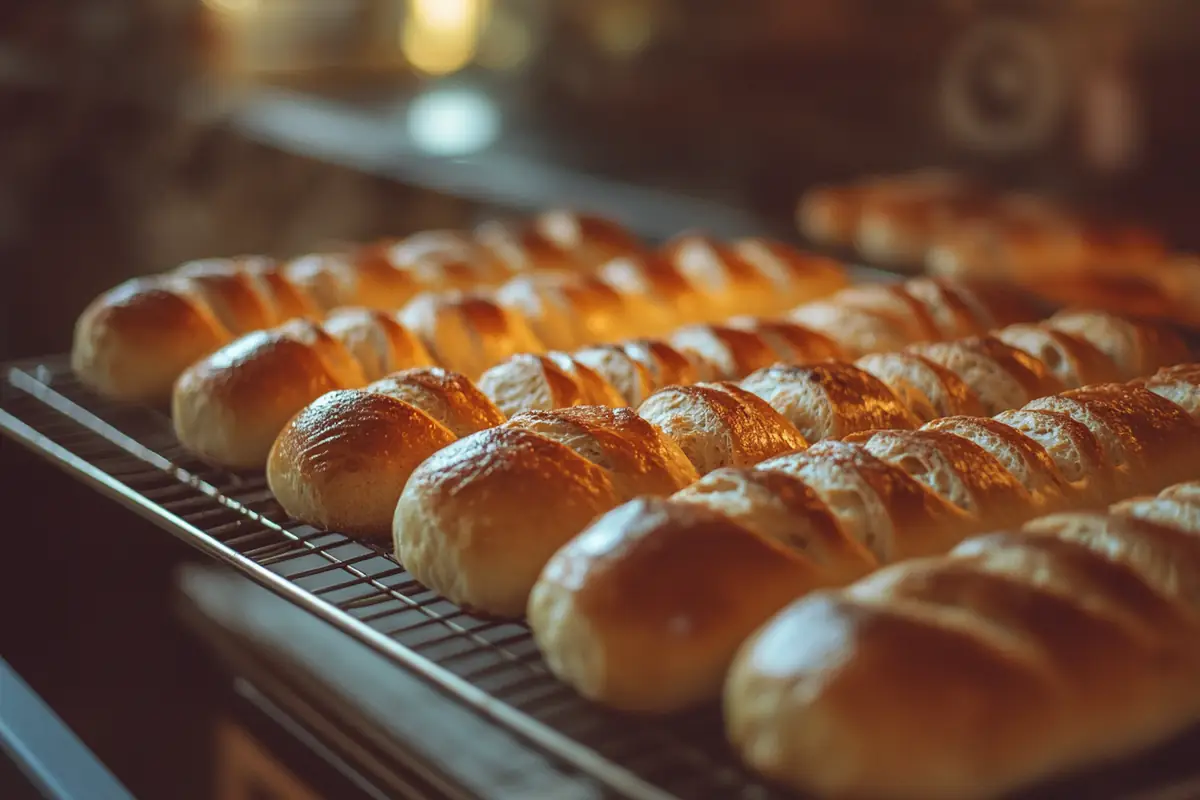 Freshly baked sourdough hot dog buns cooling on a rack