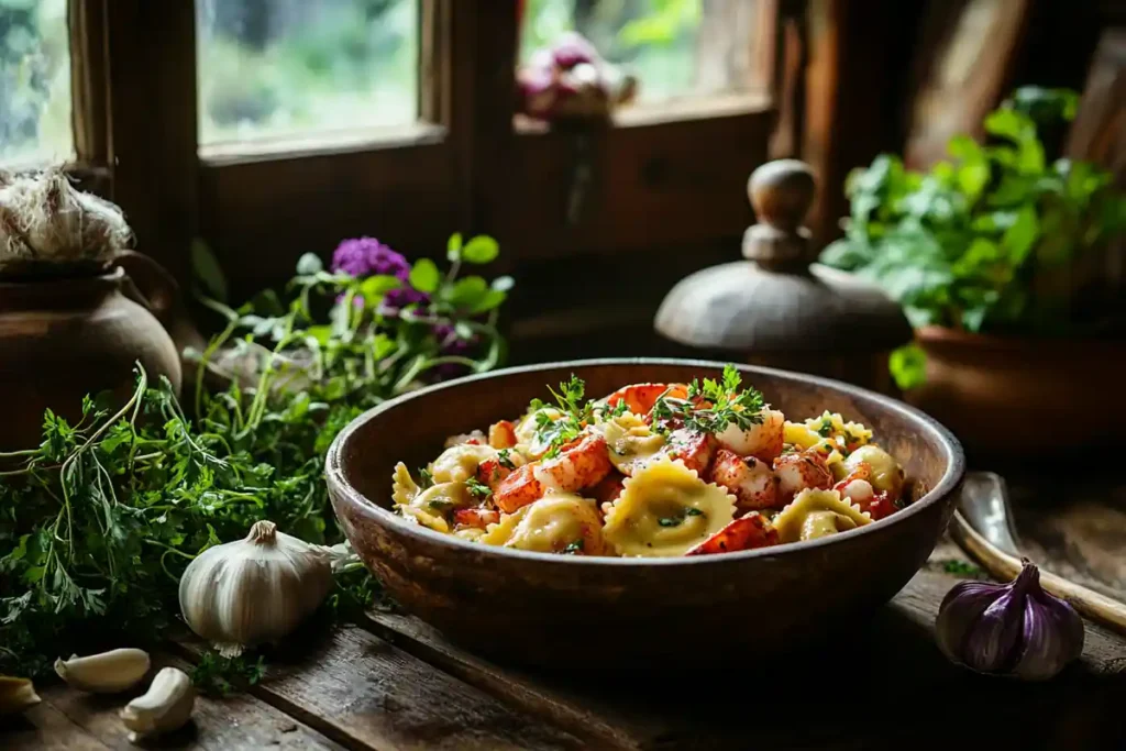 Rustic bowl of lobster ravioli with herbs and garlic